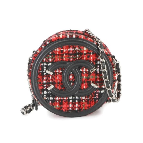 CHANEL CC Filigree Chain Shoulder Bag Tweed Leather Round - Picture 1 of 10